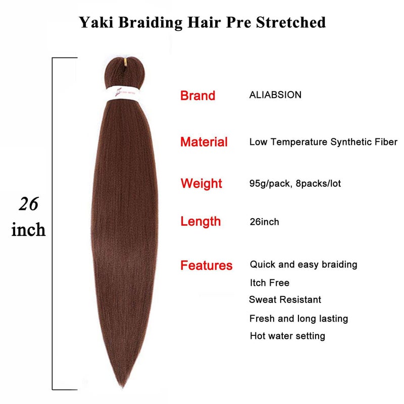 ALIABSION Pre-Stretched Braiding Hair 26 Inch 8 Packs Brown Braiding Hair Pre Stretched for Twist or Box Braids Hot Water Setting Soft Yaki Synthetic Knotless Braid Hair Extension (Color 30#) - Image 3